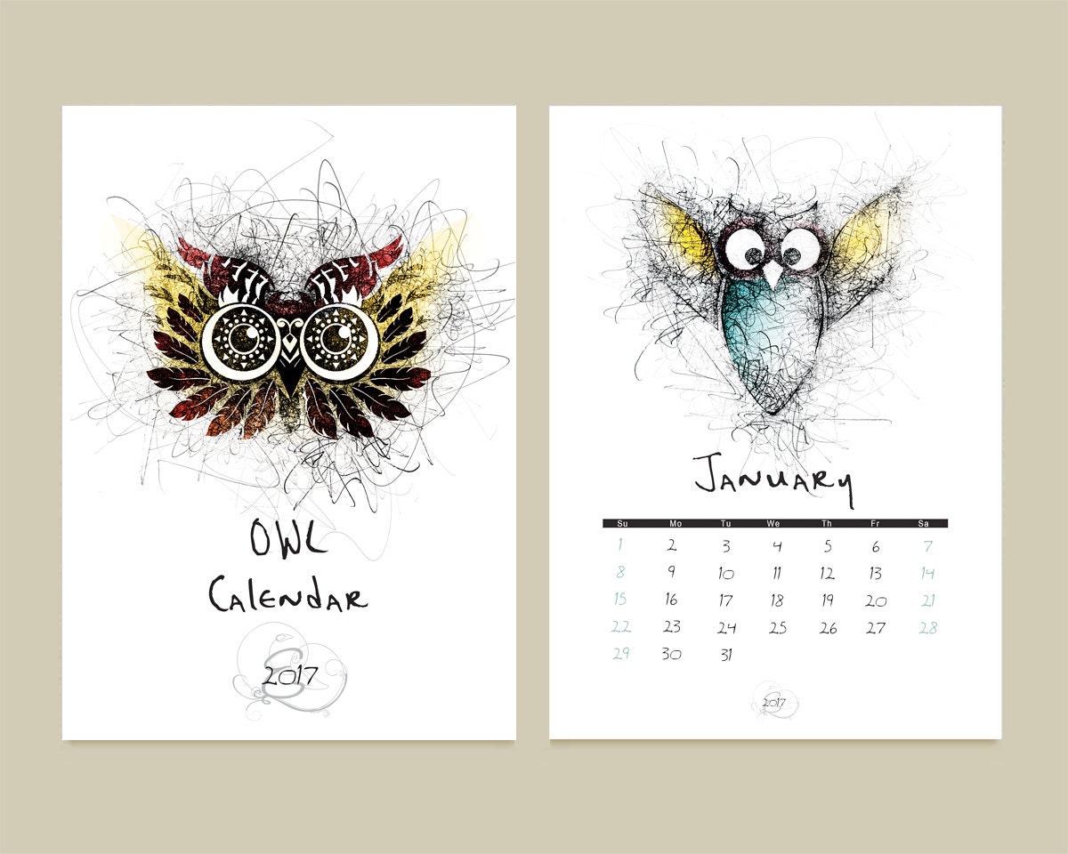 5x7 Owl calendar Owls Desk calendar printable monthly