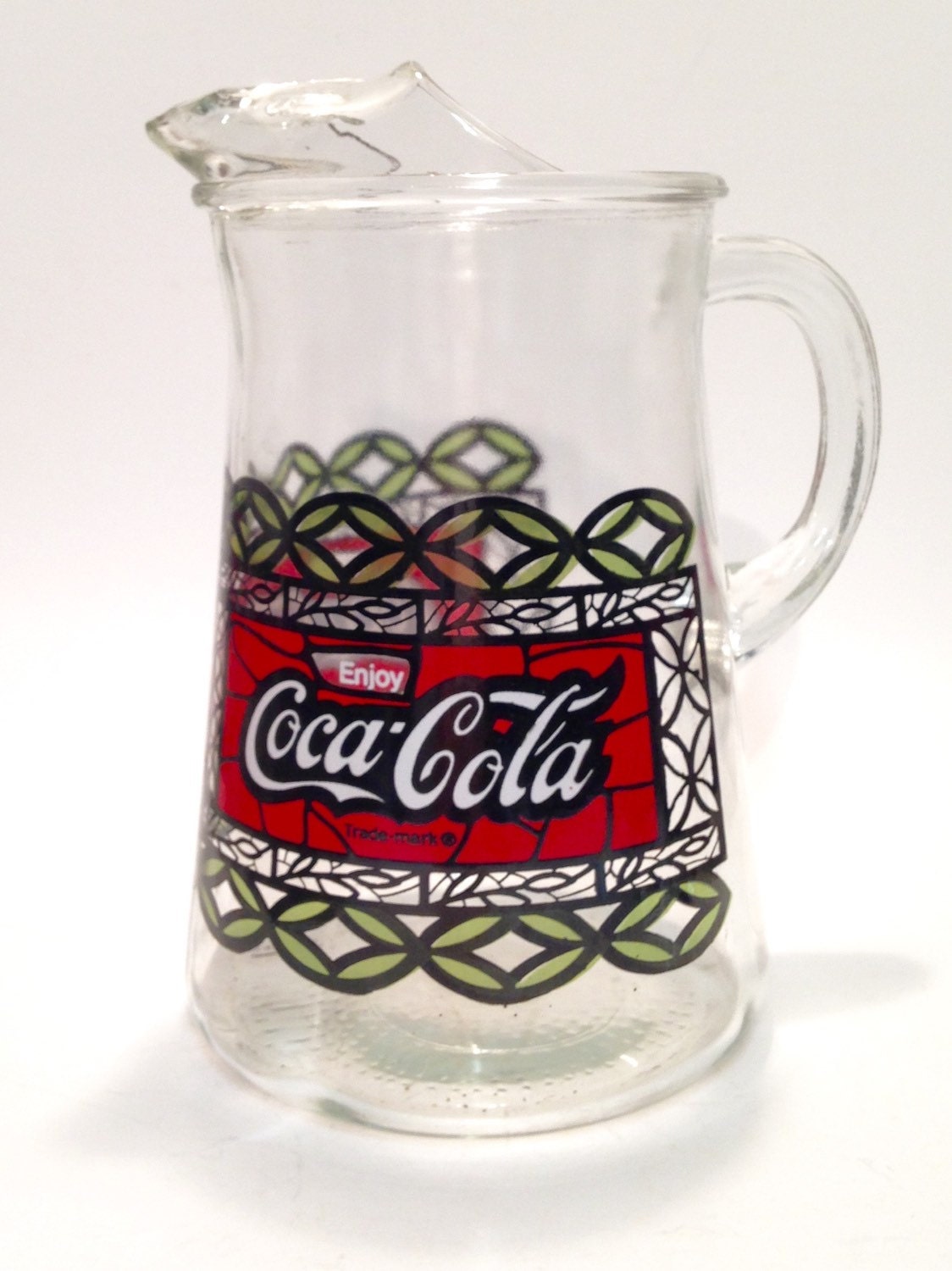 Coca Cola Stained Glass Pitcher with Complete Set of 8 Glasses