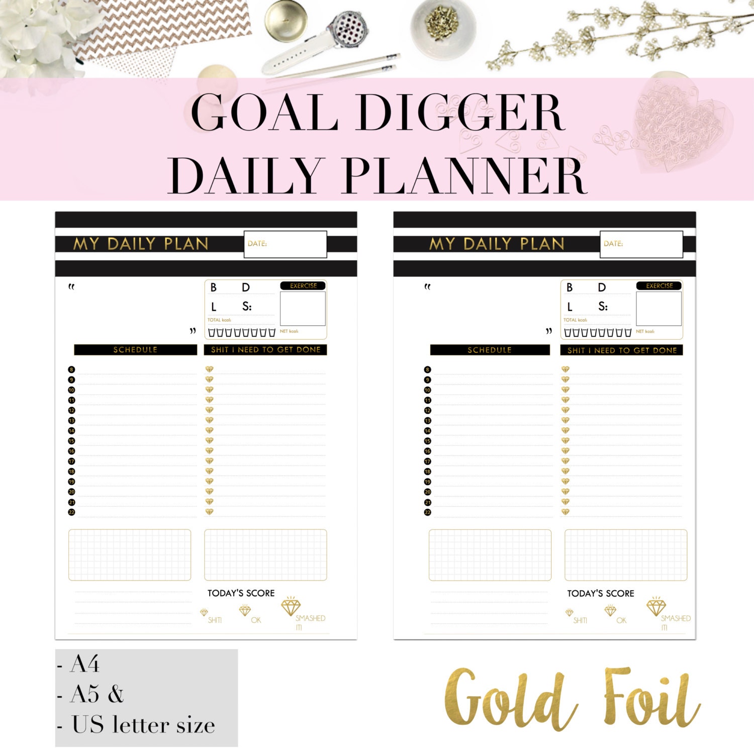 GOAL DIGGER GOLD foil Printable Daily Planner Page Day