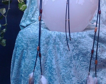 long necklace, hair accessory, headband, in suede colorful, feathery hair