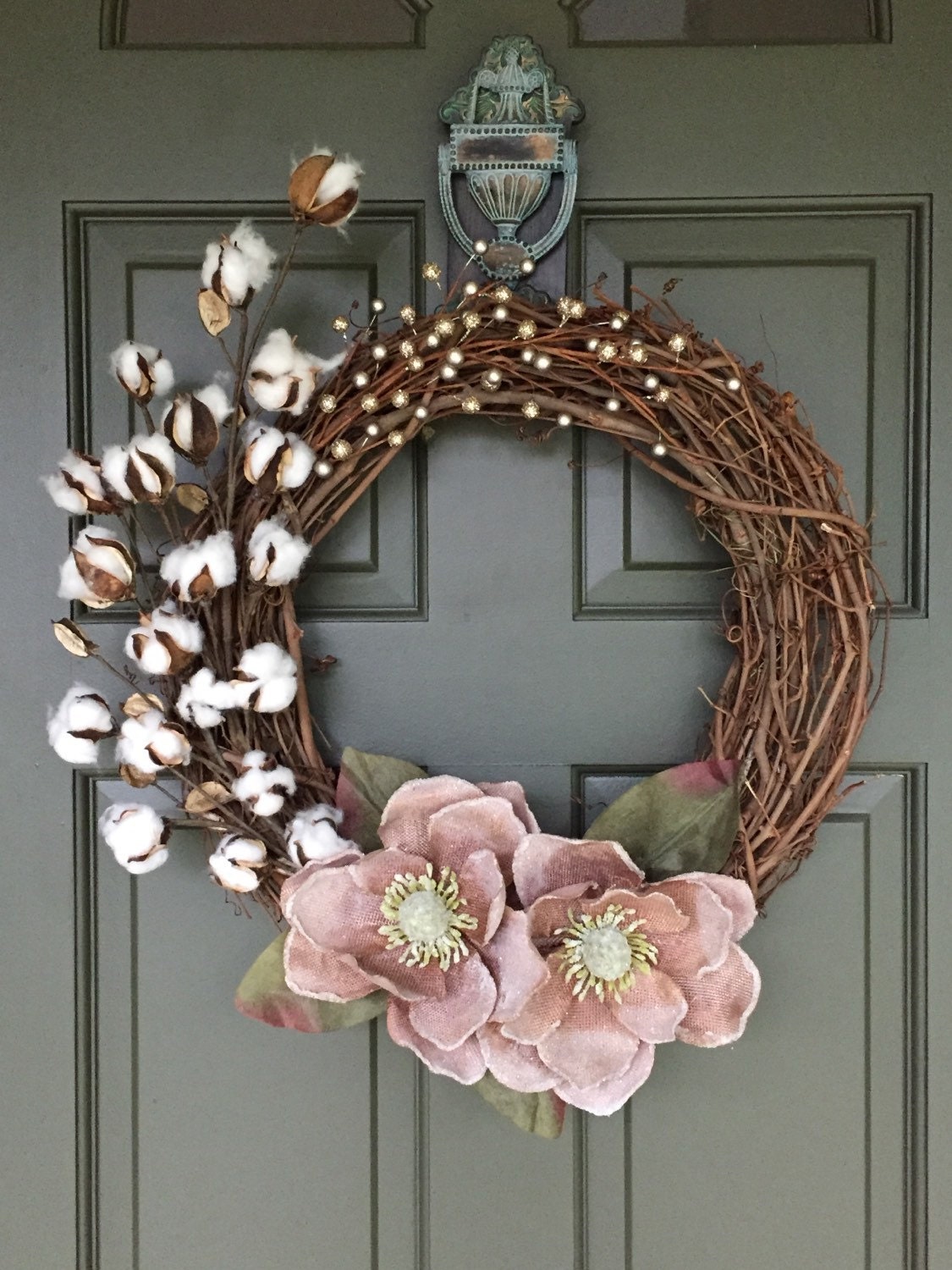 SALEMagnolia Cotton Ball wreath with sparkly by JuniperllYew