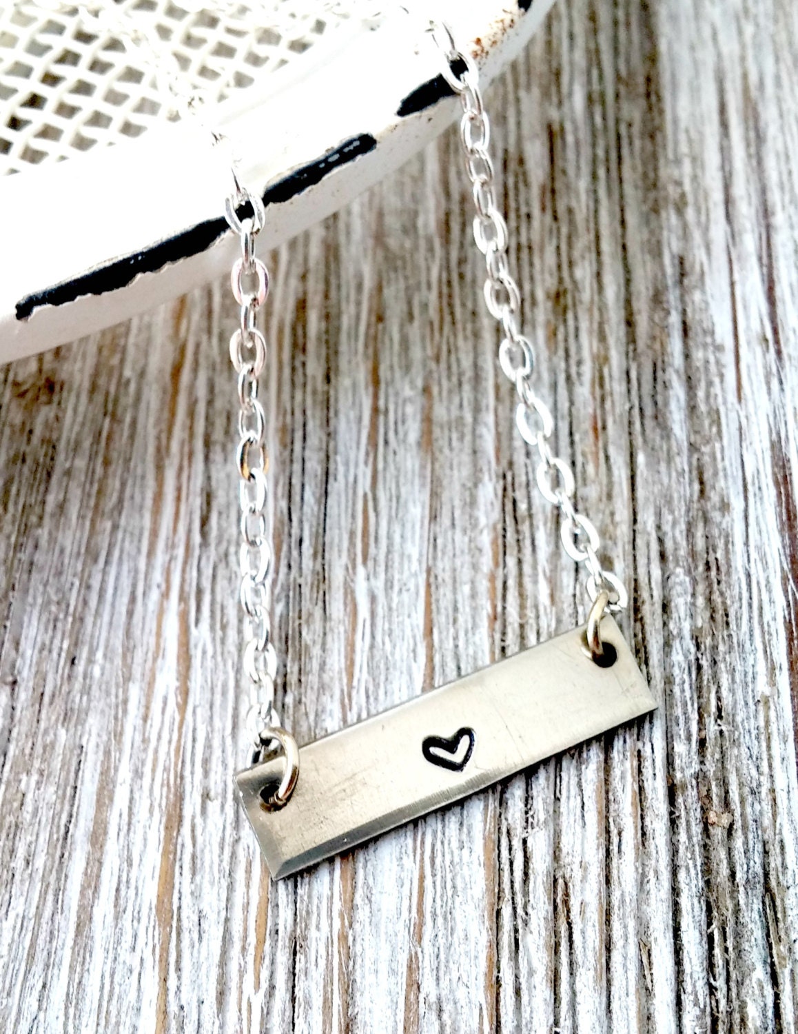 Hand Stamped Heart, Bar Necklace, Silver