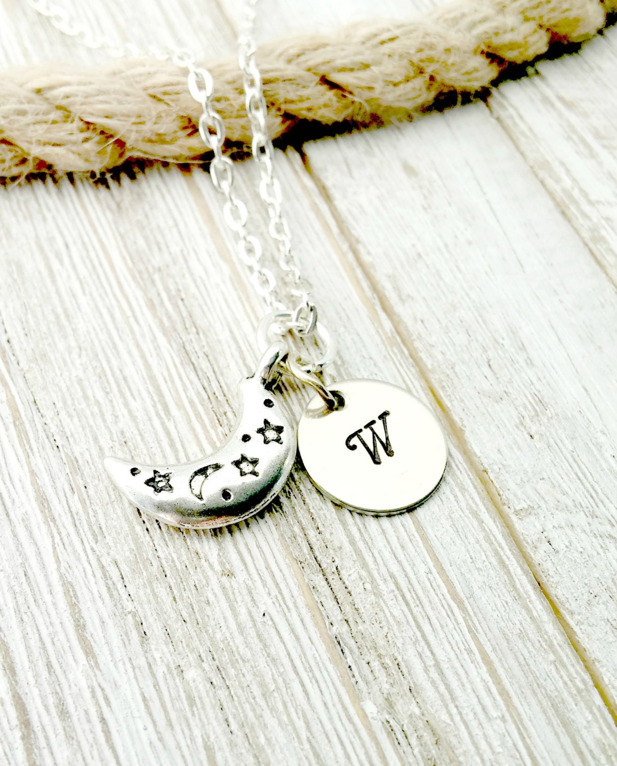 Hand Stamped, Personalized, Silver Moon Necklace, Gifts for Her