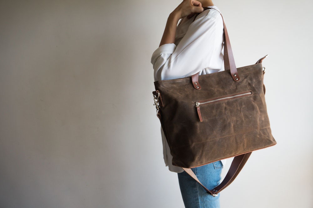 Waxed Canvas Tote Bag With Zipper