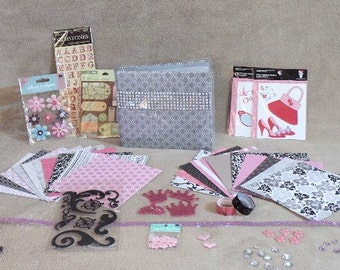 Price reduced - Scrapbook kit - makes one complete 6 X 6 Silver rhinestone embellished album - Over 100 pieces