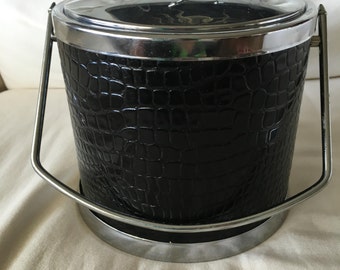 Vintage Black Patent Leather and Chrome Ice Bucket