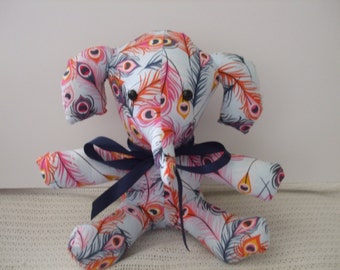 Plush Elephant, Stuffed Elephant, Toy Elephant, Peacock feathers fabric elephant, Collectable Elephant, baby shower gift, free shipping