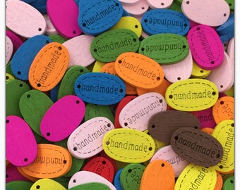 15 or 30 "Handmade" oval wood buttons random mix assorted colors novelty hand made word scrapbooking, sewing crafts wood tags 18mm 11/16"
