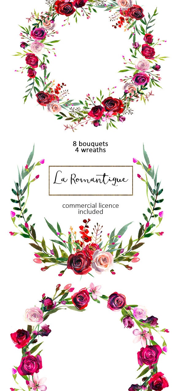 Watercolor Floral Clipart Red Purple Pink Burgundy Roses