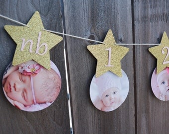 Twinkle Twinkle Little Star First Birthday Banner Star One Year Banner Pink and Gold Star 12 Month Photo Banner First Year Star Photo Banner
