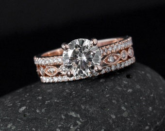Forever Brilliant Moissanite Halo Diamond Engagement Ring – Miligrain Lear and Micro Pave Diamond Half Eternity Band – Set
