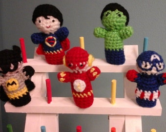 Superhero finger puppets, set of five.