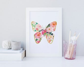 Butterfly wall art, Floral Butterfly print, nature wall art, watercolor print, floral print, butterfly print, summer print, gold decor print