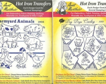 Embroidery Patterns, Farmyard Animals and Dog Days Cowboy (DOTW) Aunt Martha's Hot Iron Transfers Sealed