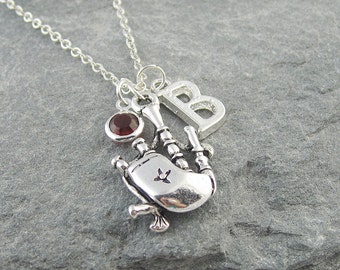 Bagpipes necklace, personalized jewelry, swarovski birthstone, initial necklace, scotland necklace, silver chain, musical instrument charm