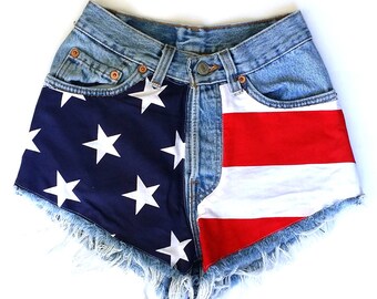 Levis Vintage High Waisted Cut off Jean Shorts American Flag Patched Shorts, Patriotic 4th of July, Stars and Stripes, Team USA Shorts