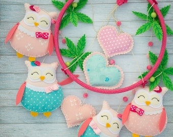 Baby mobile Owl nursery decor Baby girl gift Pink turquoise nursery mobiles Felt animals Woodland mobiles Cute owl mobile Baby shower gift