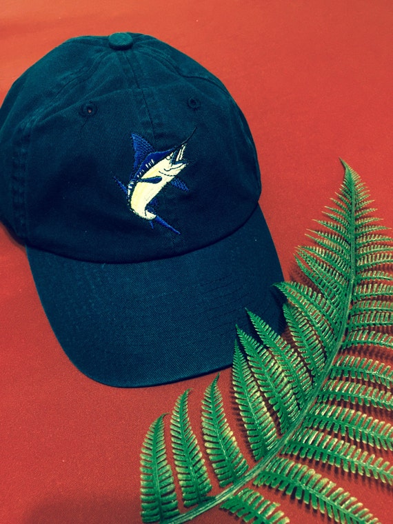 Embroidered Baseball Hat Cap Navy Blue Swordfish Fish Fishing