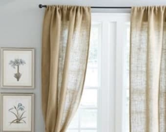 Pair Burlap Curtain Valance Panels natural tan brown Jute fabric country rustic