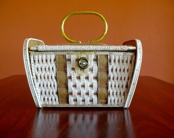 Retro Singer Woven Sewing Basket, Mid Century Train Case, Wedding Card Case, Retro Travel Makeup Overnight Case