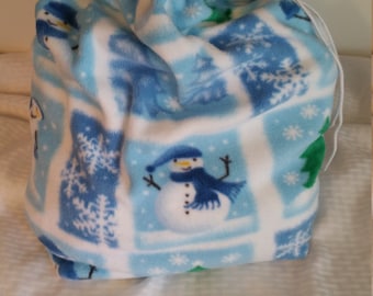 Holiday Winter Fleece Bag with Drawstring, Gift, Wrapping, Soft Book Bag, Stuffed Animal Storage