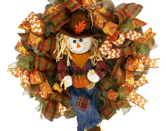 Scarecrow Wreath - Fall Wreath - Deco Mesh Wreath - Front Door Wreath - Holiday Decor