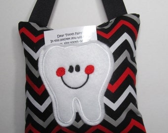 Tooth Fairy Pillow Red White Gray and Black Chevron