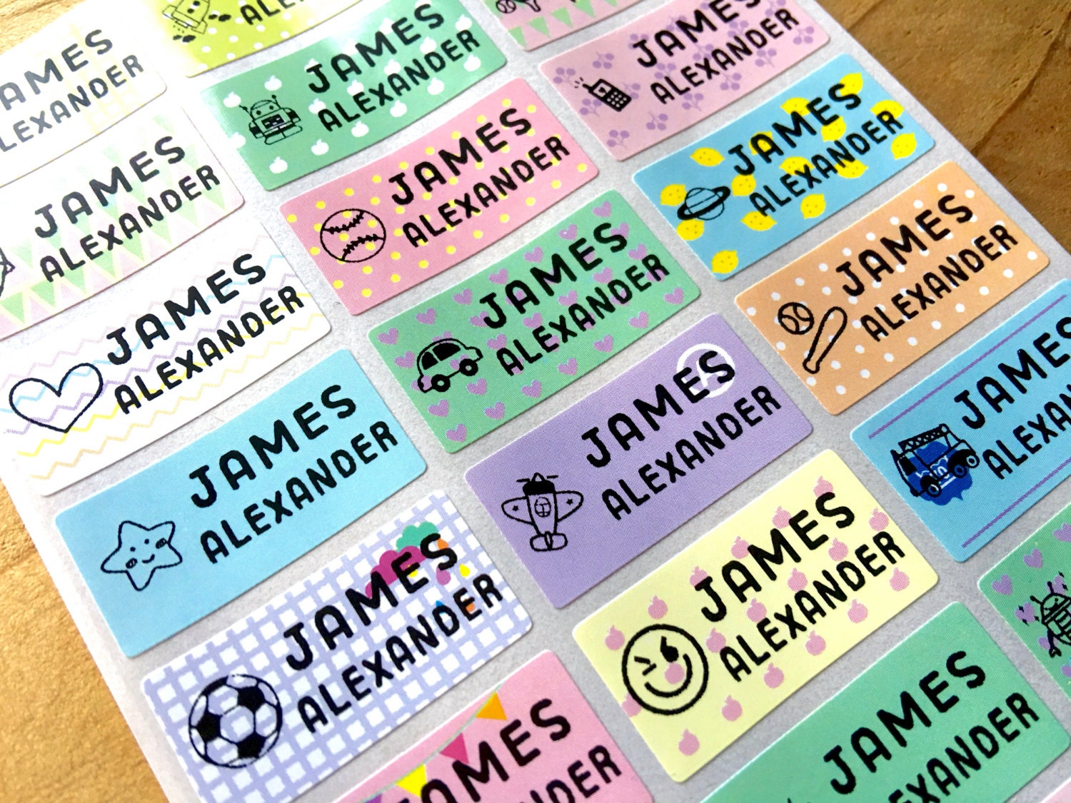 72 Waterproof Name Stickers Daycare Labels Pastel Print Kids