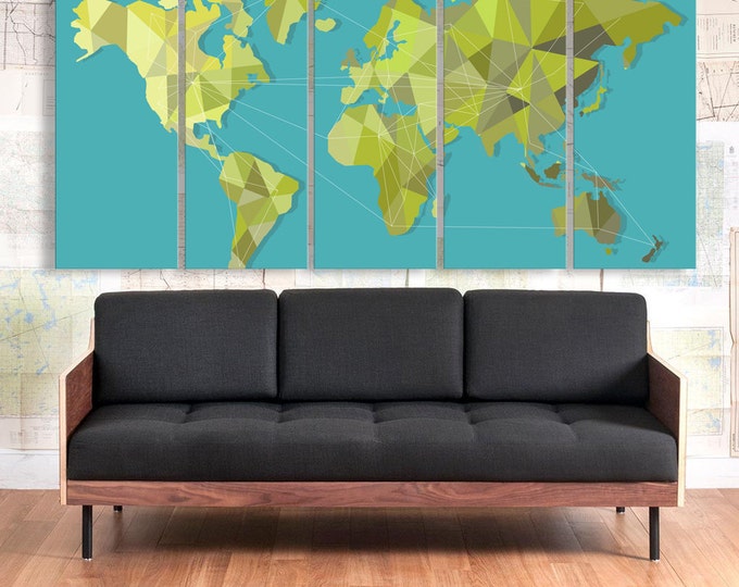 Large green geometric map, polygonal world map canvas, contemporary world map, geometric map, modern map of the world