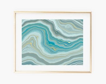 Blue Agate Waves Gold Art Print - Instant Digital Download