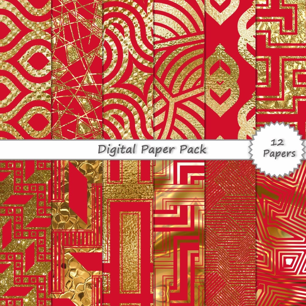 Red Gold Glitter Foil Digital PAPER PACK // metallic digital