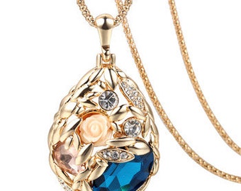 Ornate Blue Austrian Crystal Long Necklace