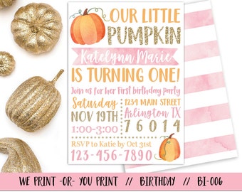 Pumpkin 1st Birthday Invitation, Our Little Pumpkin Invitation, Fall Birthday Invitation, Pumpkin First Birthday. Girl Pumpkin Invitation