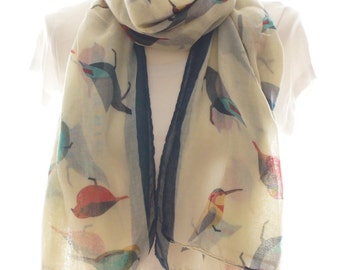 Cream bird Scarf shawl, Beach Wrap, Cowl Scarf,cream bird print scarf, cotton scarf, gifts for her