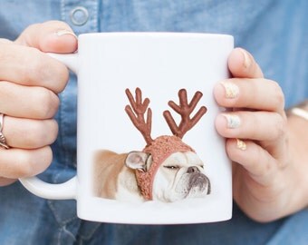 Grumpy Reindeer Bulldog Mug - Grinch Christmas Mug, English Bulldog Gift, Funny Christmas Mug, Cute Holiday Coffee Gift, Dog Lover Gift