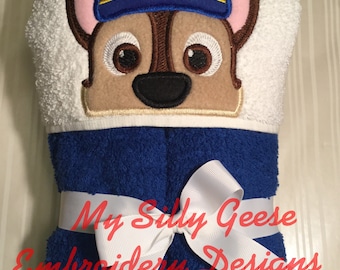 DIGITAL FILE 5x7 Chase Paw Patrol inspired cop pup dog Peeker hooded towel digital file embroidery design hoodie towel topper bow holder