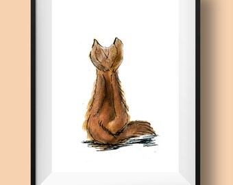 Brown cat illustration, cat from behind painting of a brown cat, a simple minimal cat art print in watercolor and ink, cat illustration