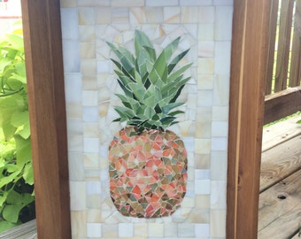 mosaic glass pineapple in wooden tray