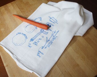 Snowman diagram tea towel - white cotton floursack kitchen towel