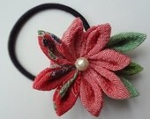 Girl Ponytail Bands, Pink Kimono Fabric Flower Mum ponytail holders elastic ponytail bands, hair elastics, flower fabric hair ties