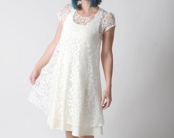Sheer white dress, White lace dress for layering, Short sleeved white lace dress, Sheer womens dress, Simple wedding dress