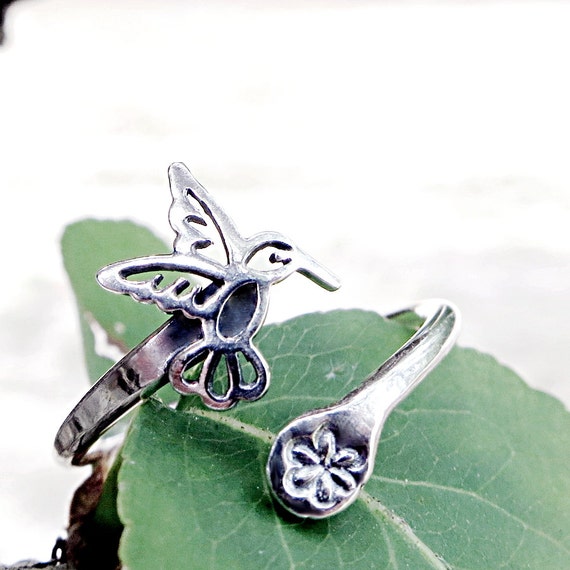 Hummingbird ring Sterling Silver flower by BarronDesignStudio
