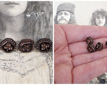 Vintage Antique 1890 French Victorian jet buttons black and copper color figures clovers set of 4