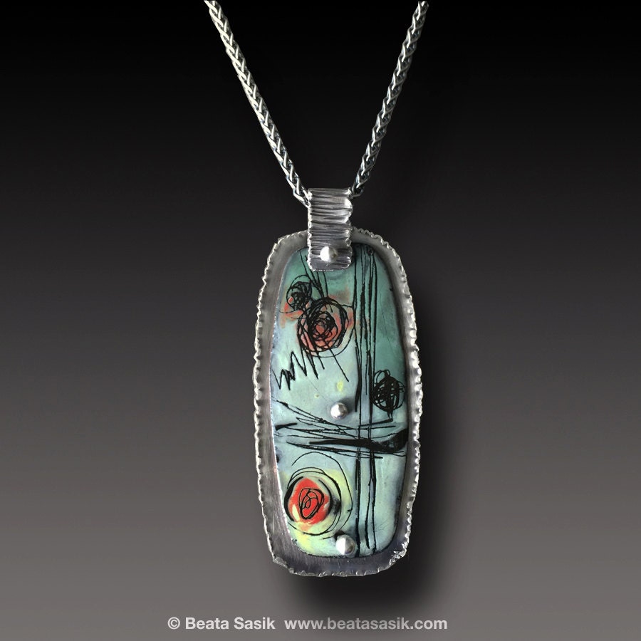 Abstract Enamel Pendant Sterling Silver Necklace with