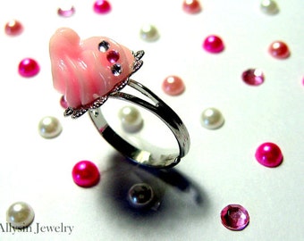 Whipped Cream Ring, Pastel Pink, Gunmetal Ring, Fairy Kei Kawaii Food Jewelry