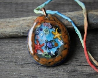 Tidal pool - Fused glass pendant - beach jewelry - baby sea turtle