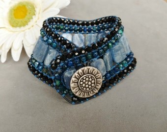Beaded Cuff Bracelet.Kyanite Gemstone Leather Cuff Bracelet.Blue Stone Cuff.5 Wrap Cuff.Woven Leather Cuff.Beaded Wrap, BLUE VELVET
