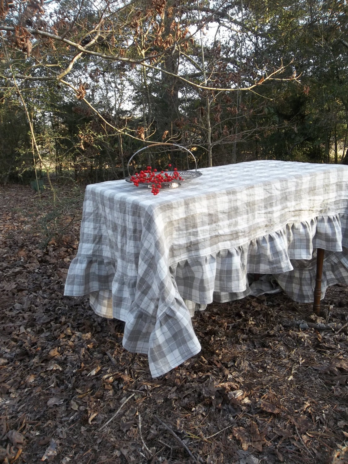 Custom Made Plaid Tablecloth Ruffled Linen Table Cloth