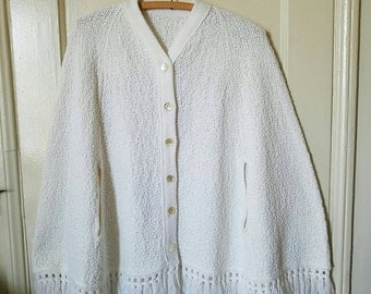 Vintage 70s Cream Knit Poncho with Fringe