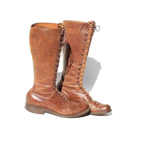 Size 9.5 Men's Brown Leather Tall Lace Boots by TanakaVintage